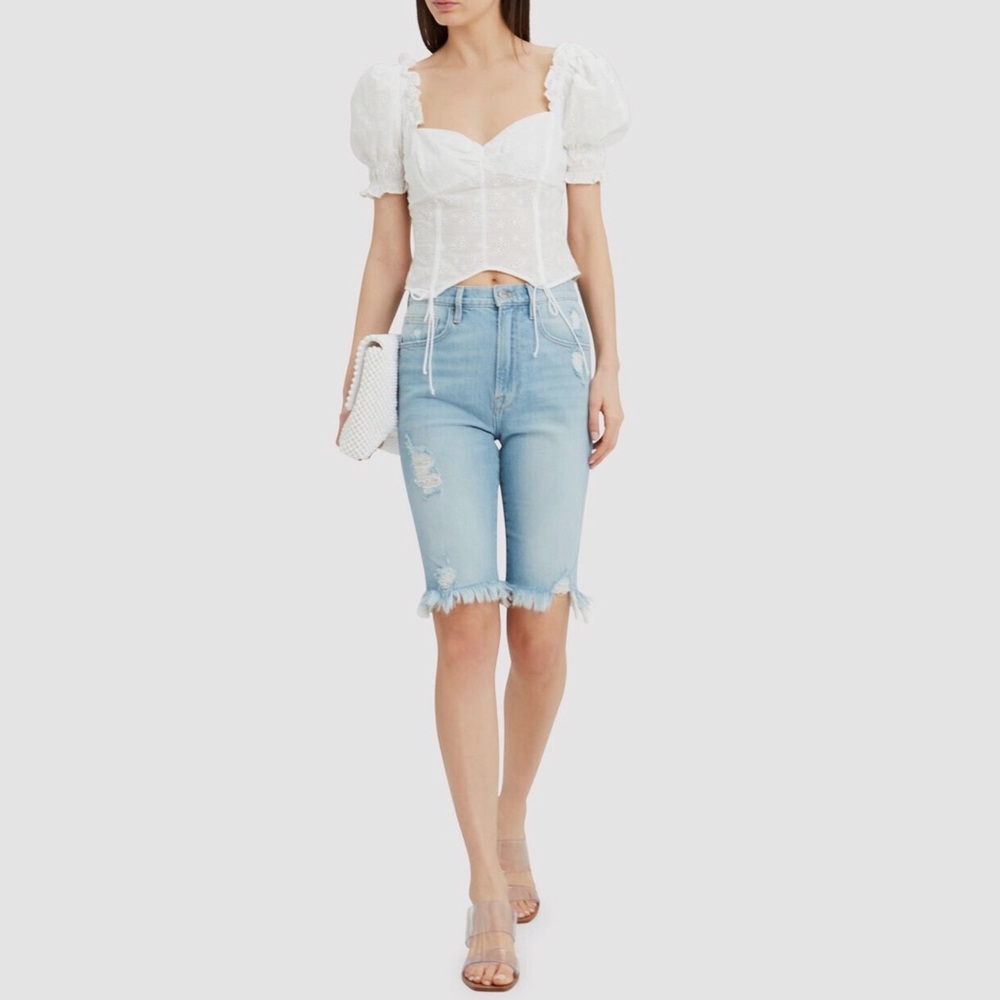 FRAME Denim Le Vintage High-Rise Raw Edge Bermuda Shorts | Light Wash